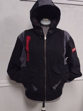 Snap On Hooded Black Work Jacket with Gray Panels and Red Logo